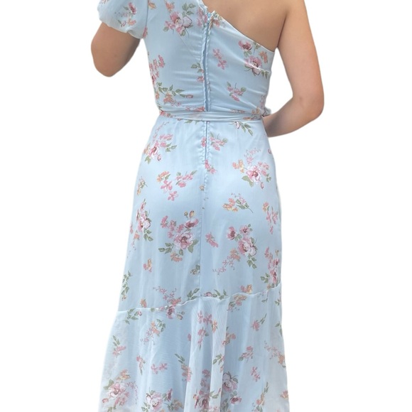 Altar'd State Size XS Blue Floral One Shoulder Puff Sleeve Belted Midi Dress - Picture 2 of 7
